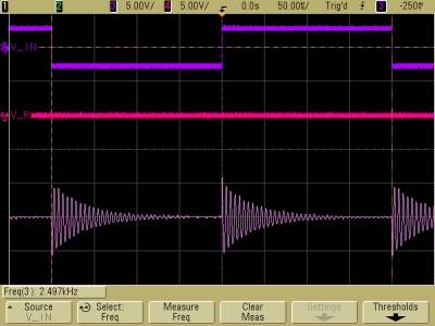 Decaying oscillations in underdamped damped LRC circuit, V_R, V_L